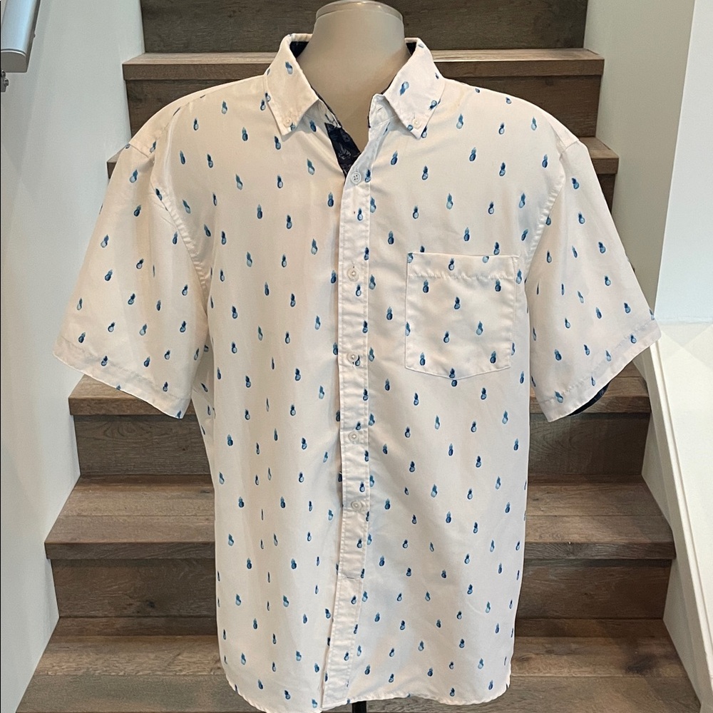 Men's Casual White Shirt with Blue Pineapple Pattern
